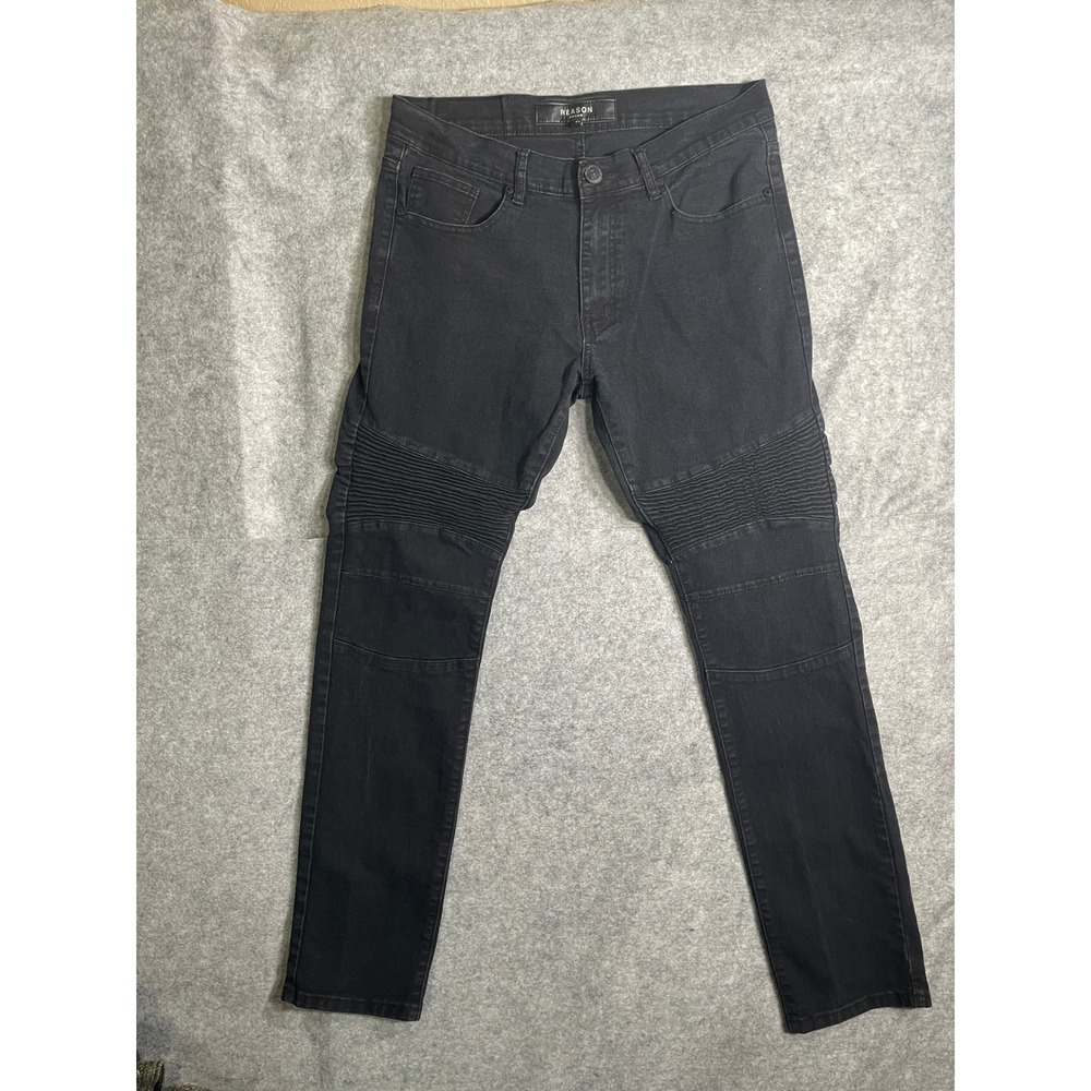 Reason Brand Mens Black Moto Biker Jeans Ribbed Panel Slim Fit Size 34